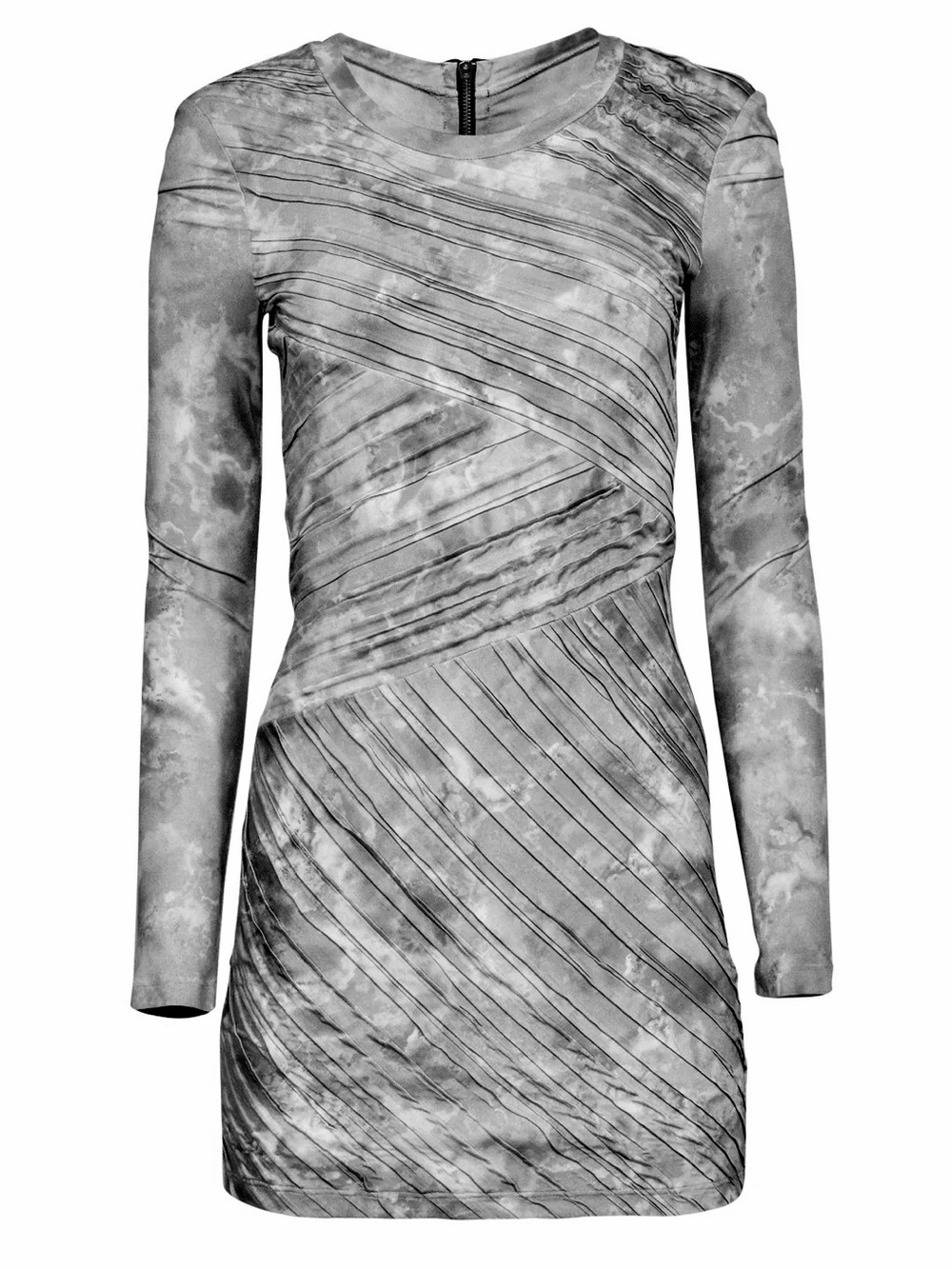 RONNY KOBO | S | Charcoal Graphite Abstract Diagonal Pleat Bodycon Mini Dress